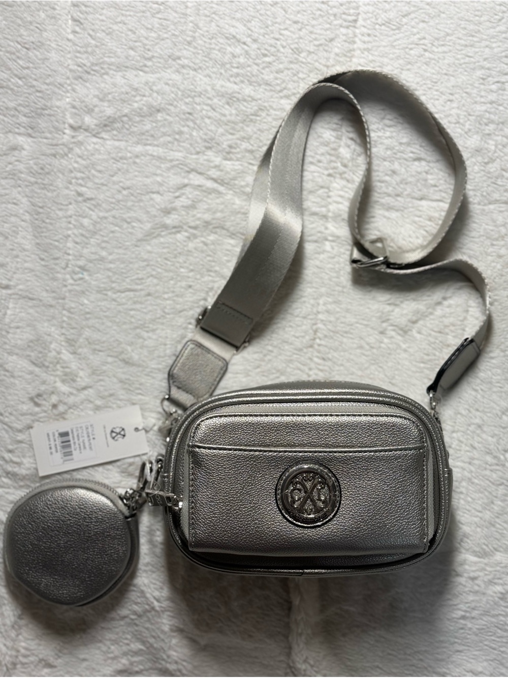 NWT Christian Lacroix Metallic Silver Crossbody Camera Bag with Coin Pouch